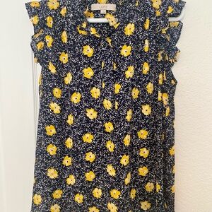 LOFT Women's Navy and Yellow Floral Blouse